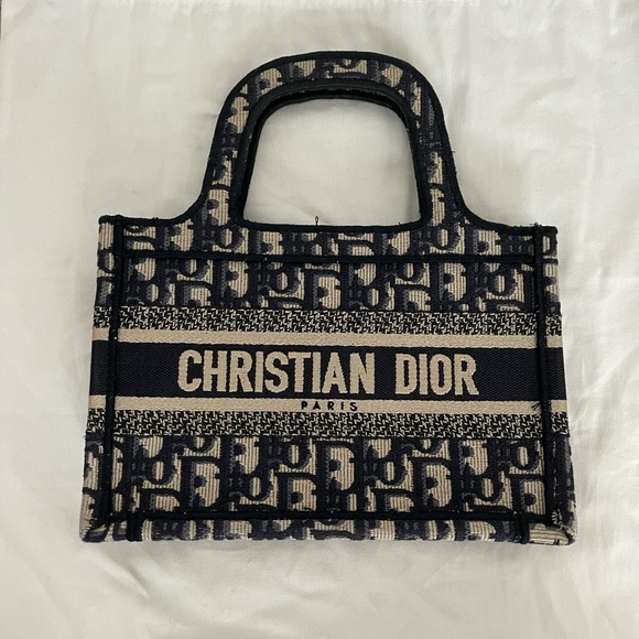 Dior Handbags - Christian Dior Mini Dior Book Tote in Navy Blue Dior Oblique Embroidery